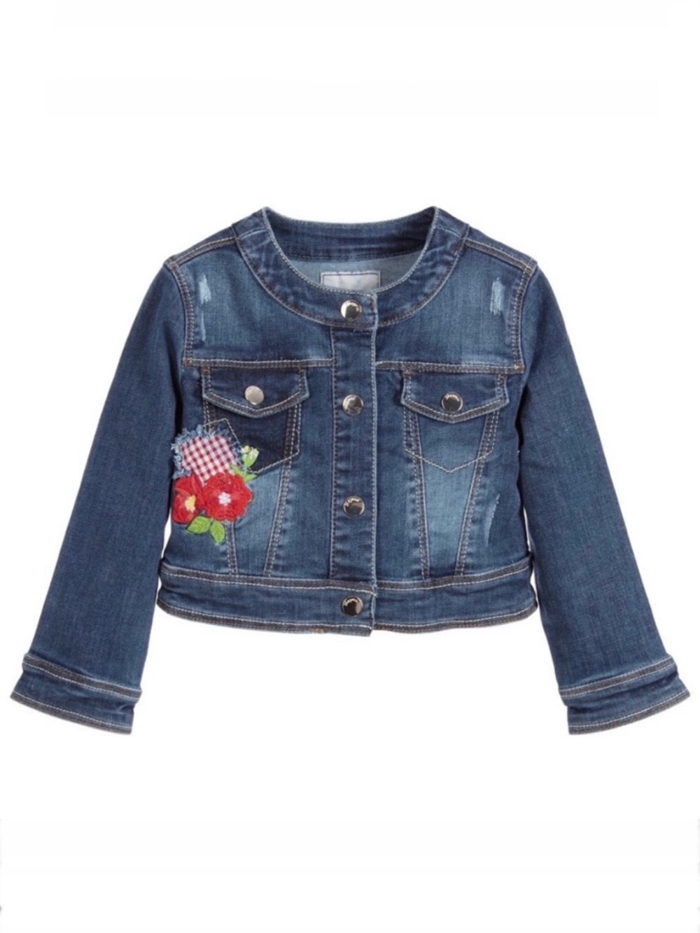 Mayoral Girl blue denim jean jacket with red floral embroidery and gingham patch
